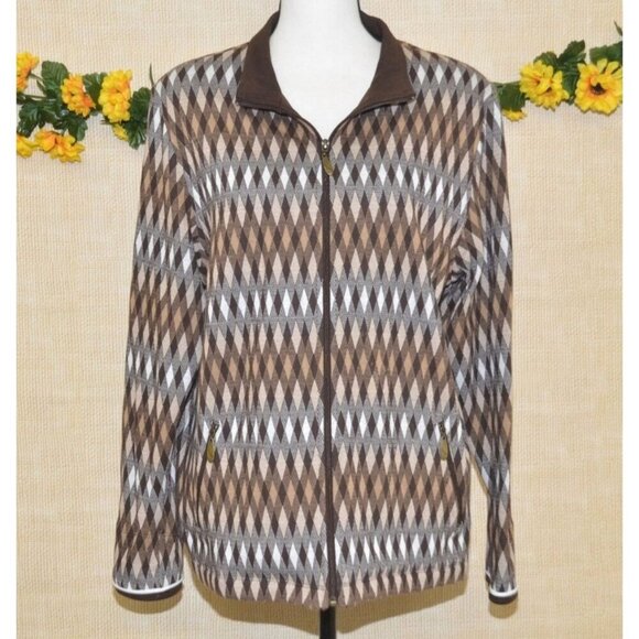 Allison Daley Ladies L Brown Neutral Full Zip Jacket Argyle Pattern Retro Look - Picture 1 of 14